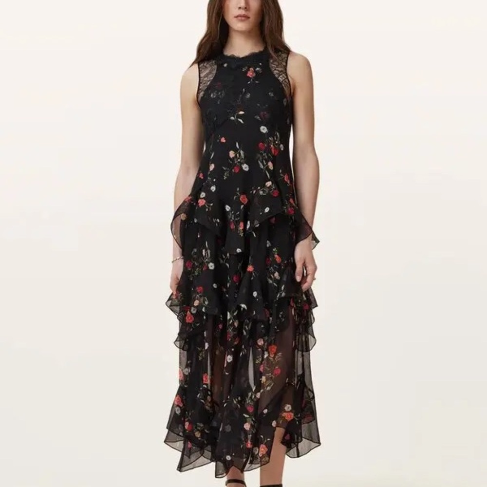 All Saints Quinn Chiffon Black Floral Maxi Dress